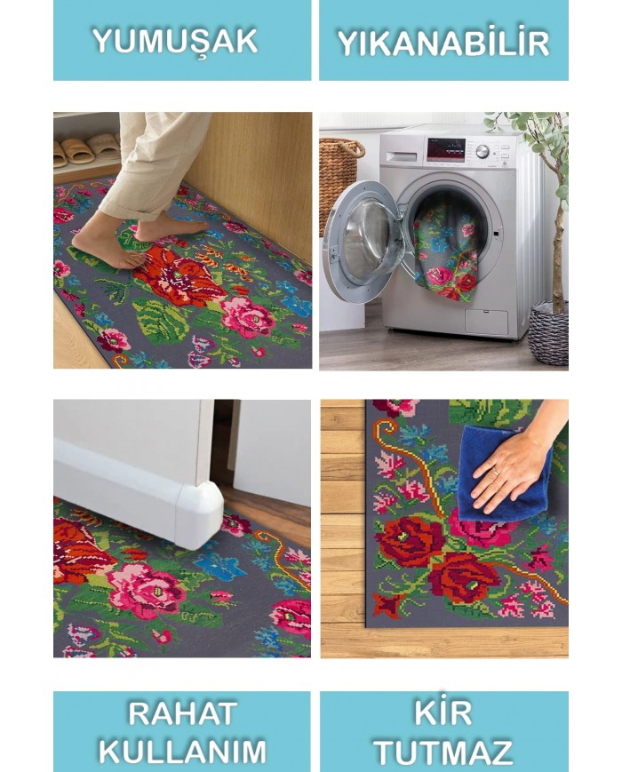 Rosef Karabağ Desenli Pamuk Tabanlı Yıkanabilen Kaydırmaz Antibakteriyel Şönil Salon Halısı