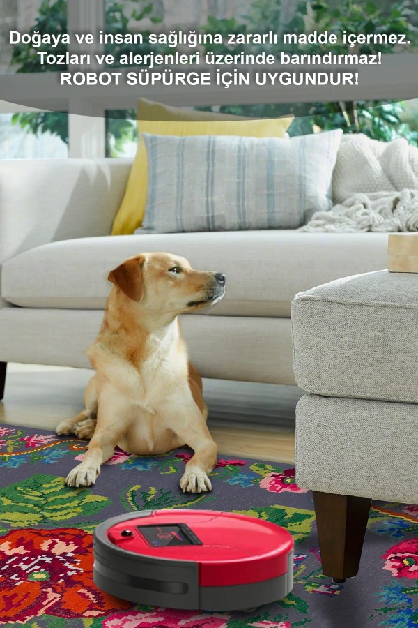 Rosef Karabağ Desenli Pamuk Tabanlı Yıkanabilen Kaydırmaz Antibakteriyel Şönil Salon Halısı