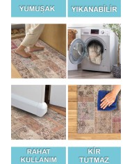 Senda Patchwork Desenli Pamuk Tabanlı Yıkanabilen Kaydırmaz Antibakteriyel Şönil Salon Halısı