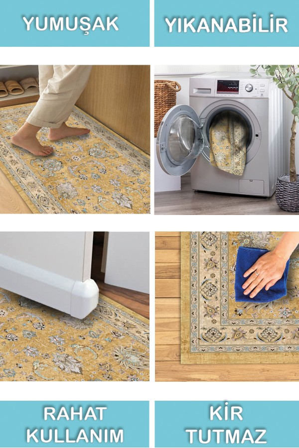 Serein Patchwork Desenli Pamuk Tabanlı Yıkanabilen Kaydırmaz Antibakteriyel Şönil Salon Halısı