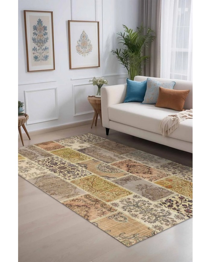 Serene Patchwork Desenli Pamuk Tabanlı Yıkanabilen Kaydırmaz Antibakteriyel Şönil Salon Halısı