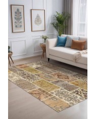 Serene Patchwork Desenli Pamuk Tabanlı Yıkanabilen Kaydırmaz Antibakteriyel Şönil Salon Halısı