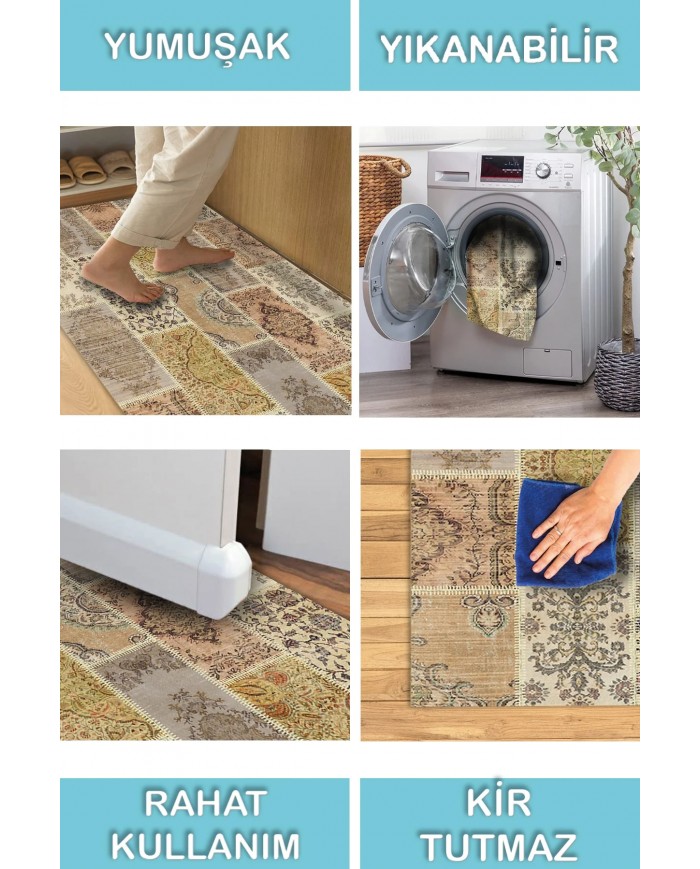 Serene Patchwork Desenli Pamuk Tabanlı Yıkanabilen Kaydırmaz Antibakteriyel Şönil Salon Halısı