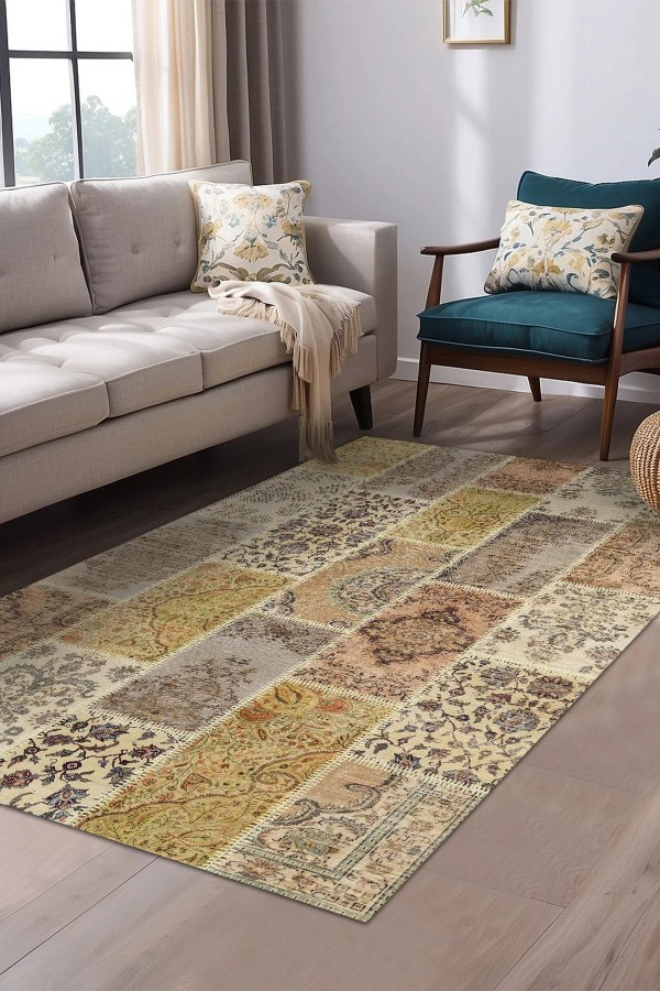 Serene Patchwork Desenli Pamuk Tabanlı Yıkanabilen Kaydırmaz Antibakteriyel Şönil Salon Halısı Serene Patchwork Desenli Pamuk Tabanlı Yıkanabilen Kaydırmaz Antibakteriyel Şönil Salon Halısı