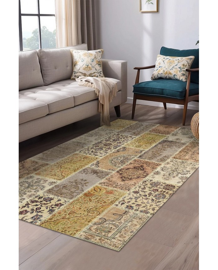 Serene Patchwork Desenli Pamuk Tabanlı Yıkanabilen Kaydırmaz Antibakteriyel Şönil Salon Halısı