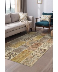 Serene Patchwork Desenli Pamuk Tabanlı Yıkanabilen Kaydırmaz Antibakteriyel Şönil Salon Halısı