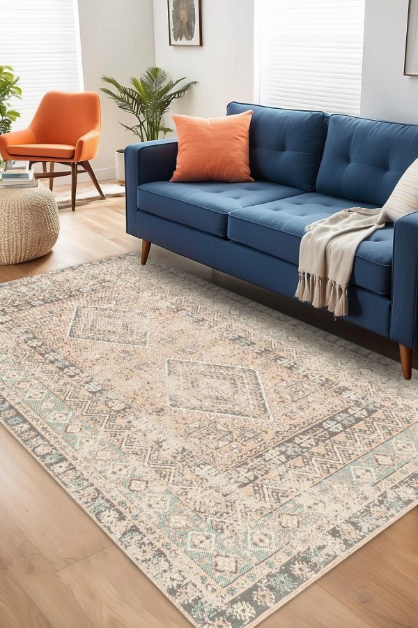 Soothe Vıntage Desenli Pamuk Tabanlı Yıkanabilen Kaydırmaz Antibakteriyel Şönil Salon Halısı