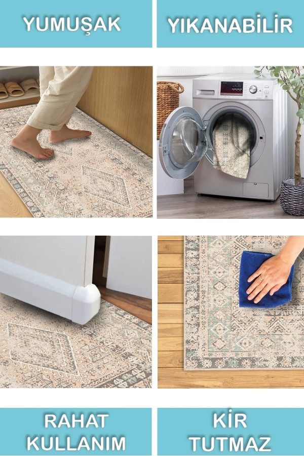 Soothe Vıntage Desenli Pamuk Tabanlı Yıkanabilen Kaydırmaz Antibakteriyel Şönil Salon Halısı