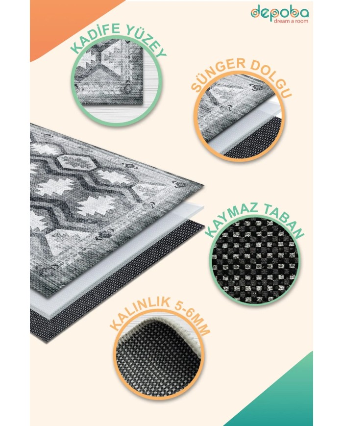 Daliana Kadife Yıkanabilir Kaymaz Pamuk Tabanlı Antibakteriyel Salon Halısı