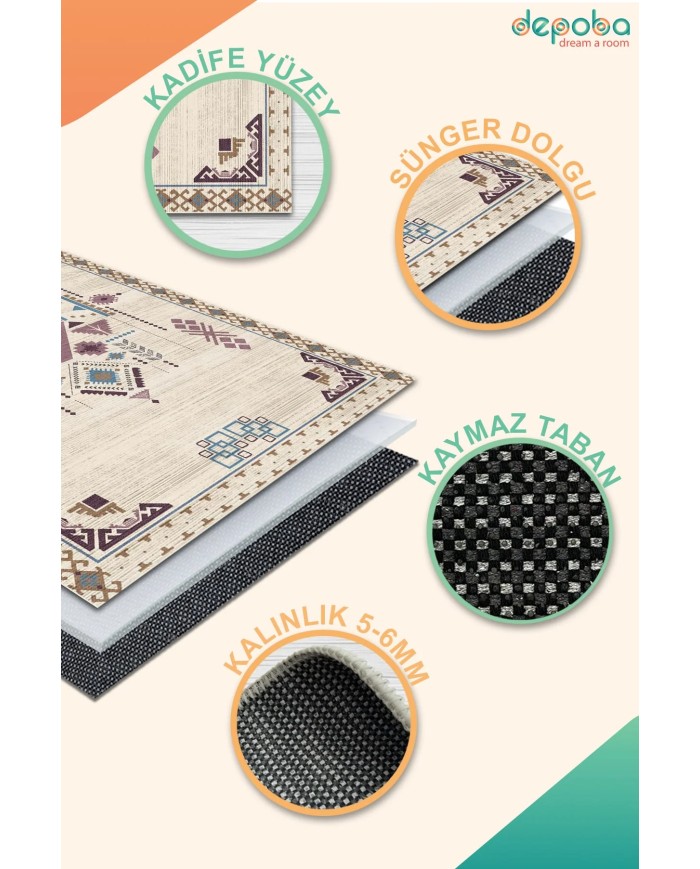 Plum Kadife Yıkanabilir Kaymaz Pamuk Tabanlı Antibakteriyel Salon Halısı