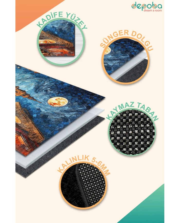 Manz Kadife Yıkanabilir Kaymaz Pamuk Tabanlı Antibakteriyel Salon Halısı