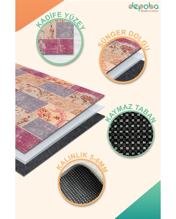 Lina Kadife Yıkanabilir Kaymaz Pamuk Tabanlı Antibakteriyel Salon Halısı