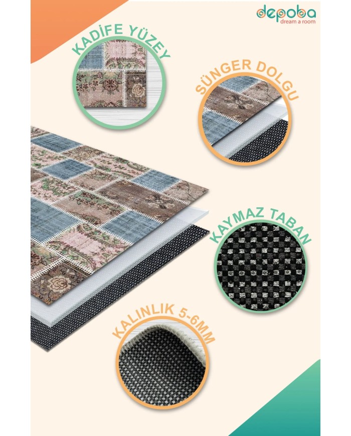 Merkür Kadife Yıkanabilir Kaymaz Pamuk Tabanlı Antibakteriyel Salon Halısı