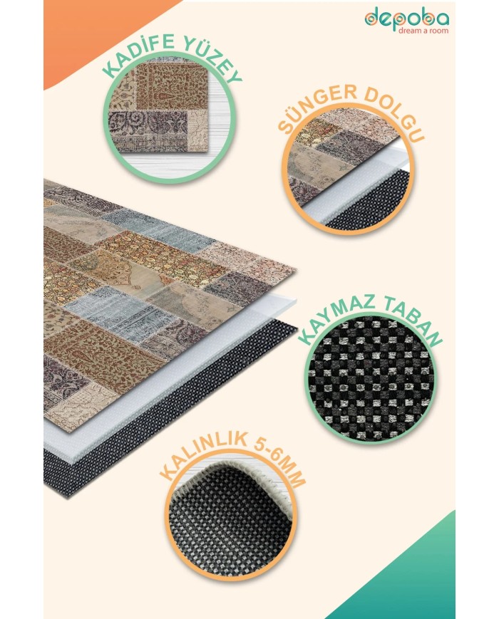 Mordo Kadife Yıkanabilir Kaymaz Pamuk Tabanlı Antibakteriyel Salon Halısı