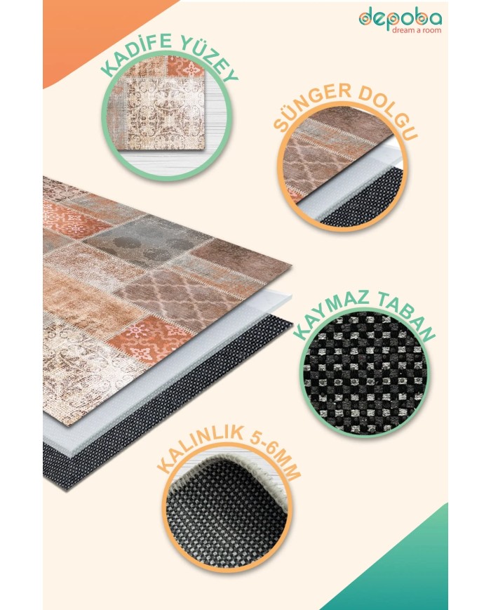 Nandy Kadife Yıkanabilir Kaymaz Pamuk Tabanlı Antibakteriyel Salon Halısı