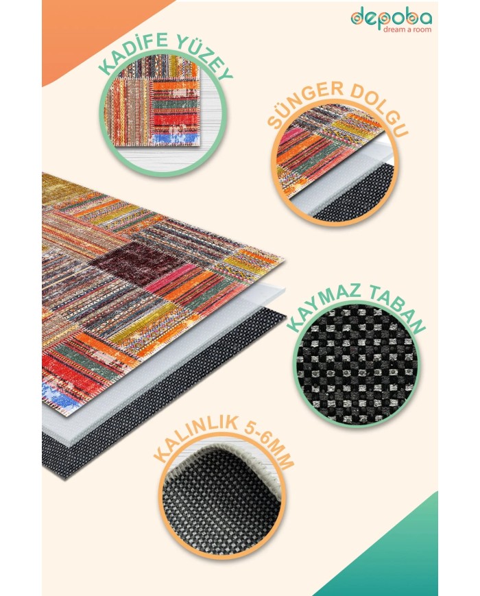 Silvena Kadife Yıkanabilir Kaymaz Pamuk Tabanlı Antibakteriyel Salon Halısı