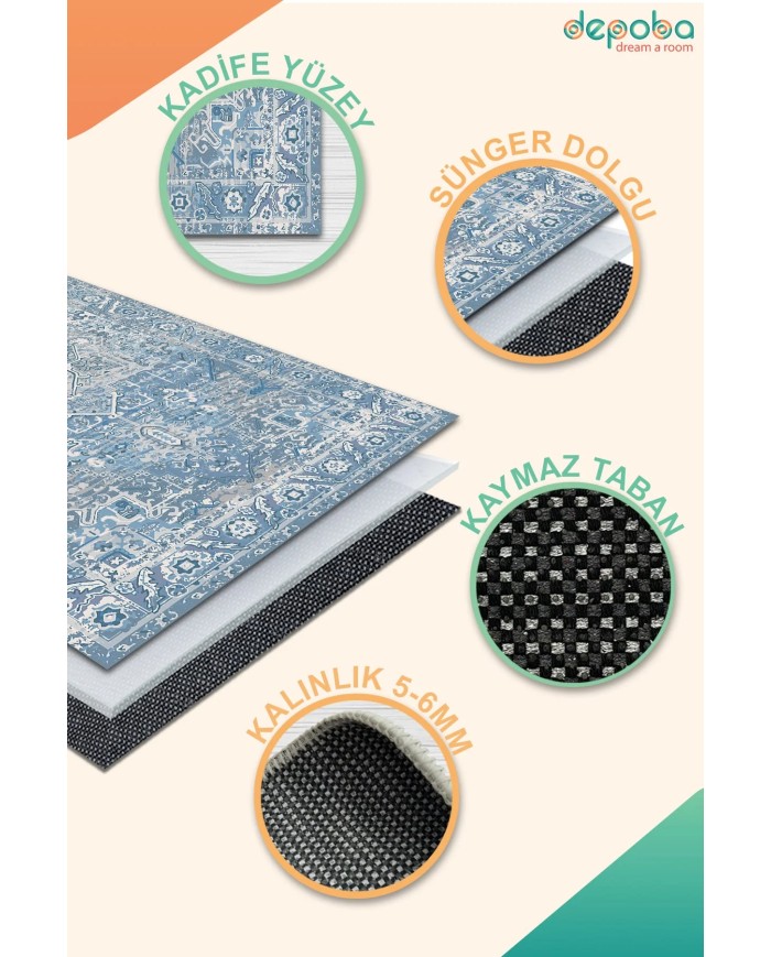 Bluen Kadife Yıkanabilir Kaymaz Pamuk Tabanlı Antibakteriyel Salon Halısı