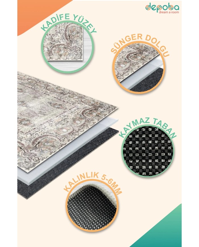 Laven Kadife Yıkanabilir Kaymaz Pamuk Tabanlı Antibakteriyel Salon Halısı