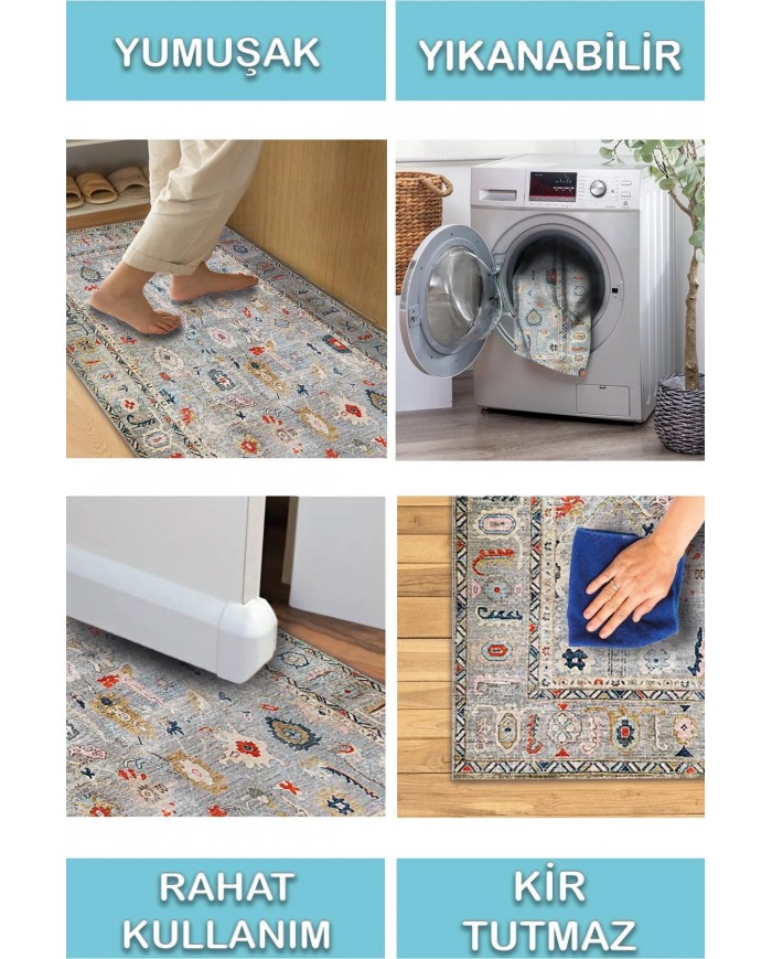 Beleni Vintage Desenli Pamuk Tabanlı Yıkanabilen Kaydırmaz Antibakteriyel Şönil Salon Halısı