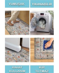 Beleni Vintage Desenli Pamuk Tabanlı Yıkanabilen Kaydırmaz Antibakteriyel Şönil Salon Halısı