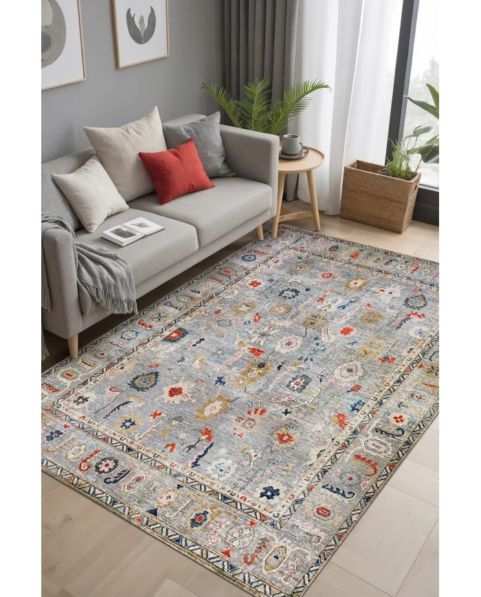 Beleni Vintage Desenli Pamuk Tabanlı Yıkanabilen Kaydırmaz Antibakteriyel Şönil Salon Halısı