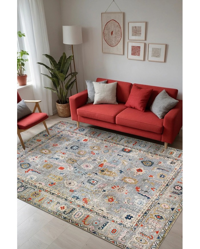 Beleni Vintage Desenli Pamuk Tabanlı Yıkanabilen Kaydırmaz Antibakteriyel Şönil Salon Halısı