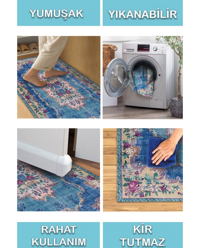 Mezdas Vintage Desenli Pamuk Tabanlı Yıkanabilen Kaydırmaz Antibakteriyel Şönil Salon Halısı