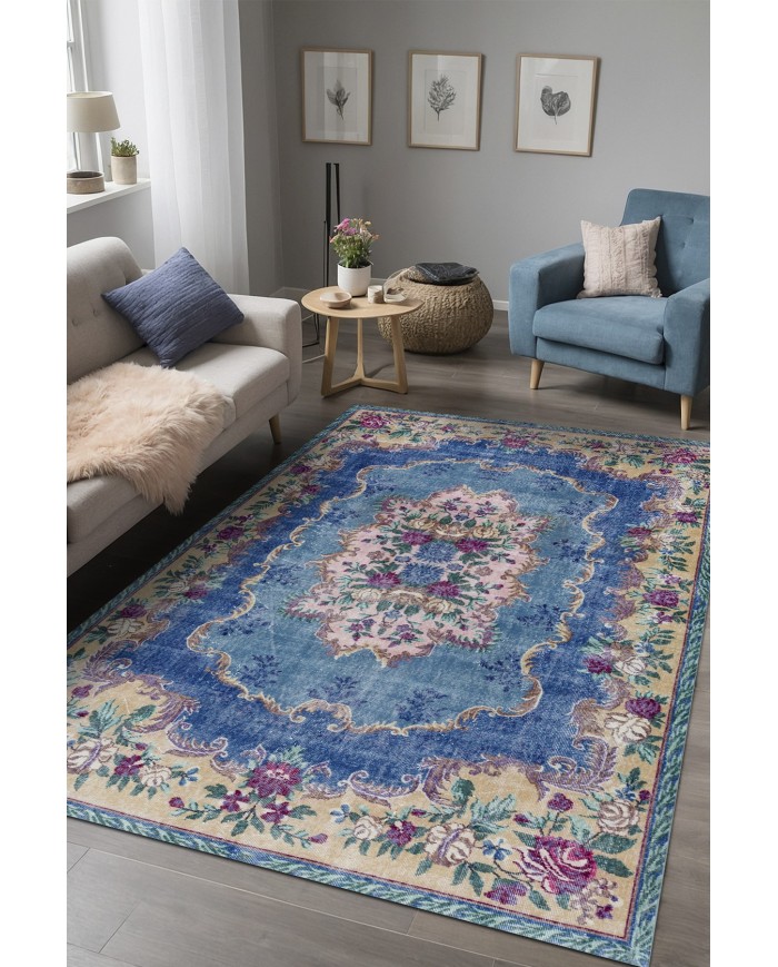 Mezdas Vintage Desenli Pamuk Tabanlı Yıkanabilen Kaydırmaz Antibakteriyel Şönil Salon Halısı