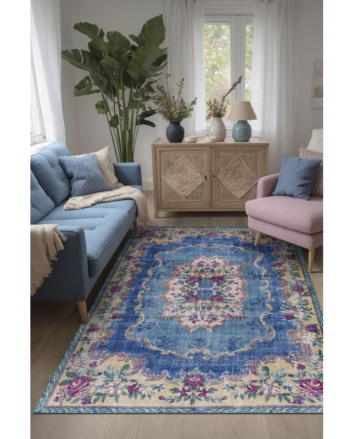 Mezdas Vintage Desenli Pamuk Tabanlı Yıkanabilen Kaydırmaz Antibakteriyel Şönil Salon Halısı