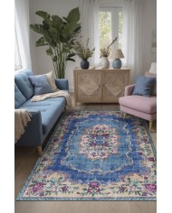 Mezdas Vintage Desenli Pamuk Tabanlı Yıkanabilen Kaydırmaz Antibakteriyel Şönil Salon Halısı