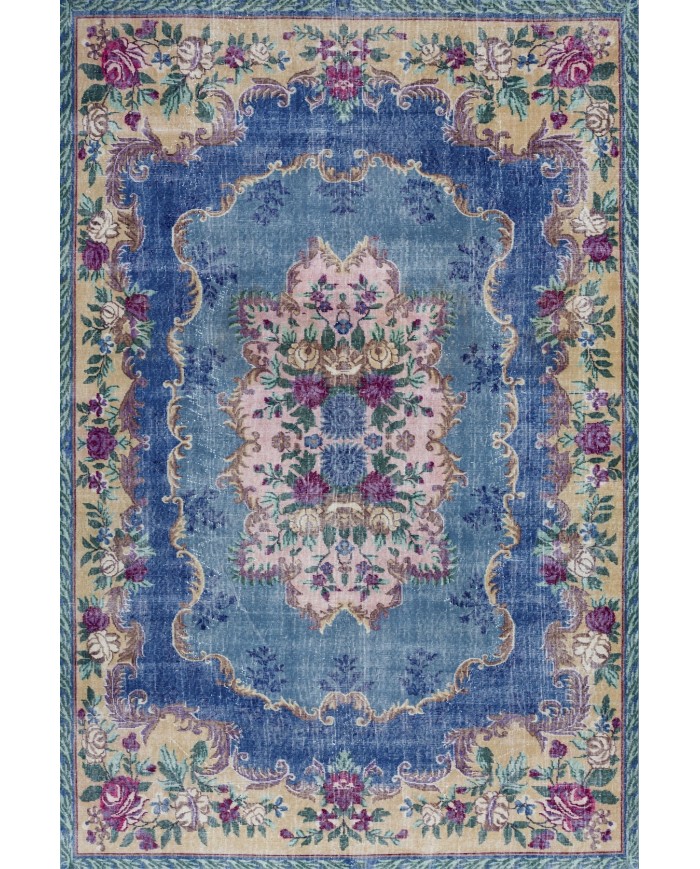 Mezdas Vintage Desenli Pamuk Tabanlı Yıkanabilen Kaydırmaz Antibakteriyel Şönil Salon Halısı