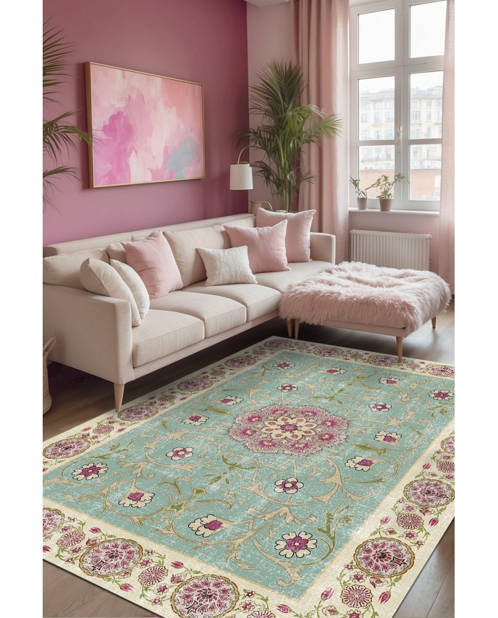 Visina Vintage Desenli Pamuk Tabanlı Yıkanabilen Kaydırmaz Antibakteriyel Şönil Salon Halısı