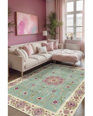 Visina Vintage Desenli Pamuk Tabanlı Yıkanabilen Kaydırmaz Antibakteriyel Şönil Salon Halısı