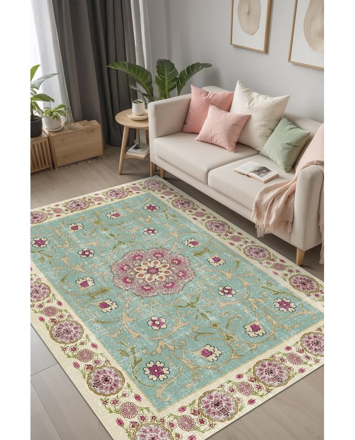 Visina Vintage Desenli Pamuk Tabanlı Yıkanabilen Kaydırmaz Antibakteriyel Şönil Salon Halısı