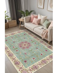 Visina Vintage Desenli Pamuk Tabanlı Yıkanabilen Kaydırmaz Antibakteriyel Şönil Salon Halısı