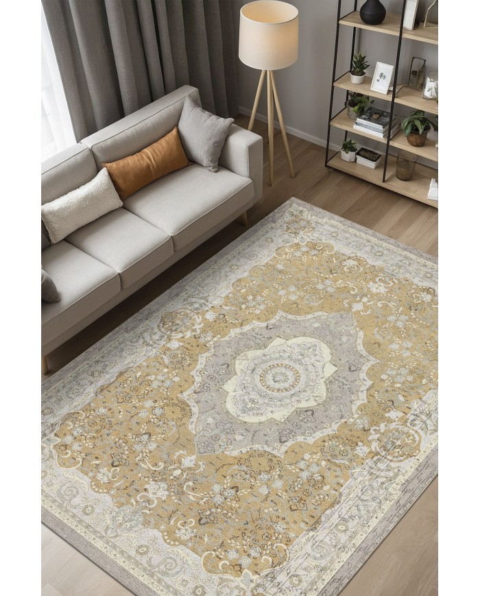 Usla Vintage Desenli Pamuk Tabanlı Yıkanabilen Kaydırmaz Antibakteriyel Şönil Salon Halısı