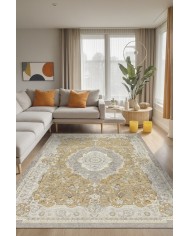 Usla Vintage Desenli Pamuk Tabanlı Yıkanabilen Kaydırmaz Antibakteriyel Şönil Salon Halısı