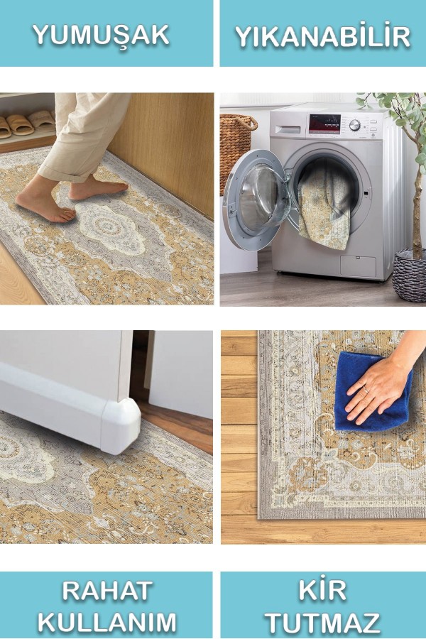 Usla Vintage Desenli Pamuk Tabanlı Yıkanabilen Kaydırmaz Antibakteriyel Şönil Salon Halısı