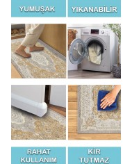 Usla Vintage Desenli Pamuk Tabanlı Yıkanabilen Kaydırmaz Antibakteriyel Şönil Salon Halısı