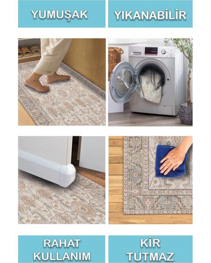 Tasle Vintage Desenli Pamuk Tabanlı Yıkanabilen Kaydırmaz Antibakteriyel Şönil Salon Halısı