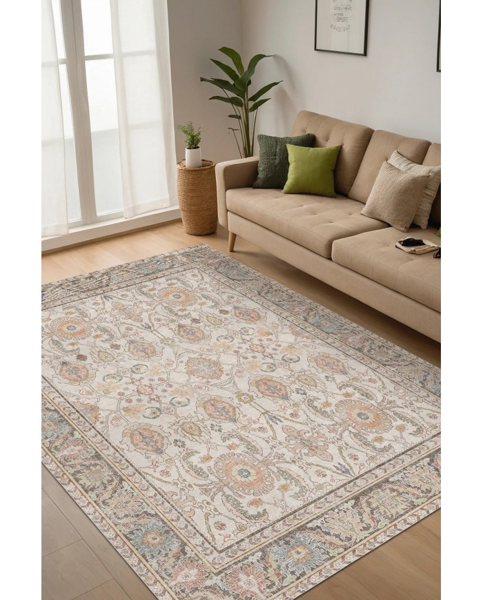 Tasle Vintage Desenli Pamuk Tabanlı Yıkanabilen Kaydırmaz Antibakteriyel Şönil Salon Halısı