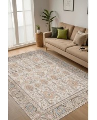Tasle Vintage Desenli Pamuk Tabanlı Yıkanabilen Kaydırmaz Antibakteriyel Şönil Salon Halısı