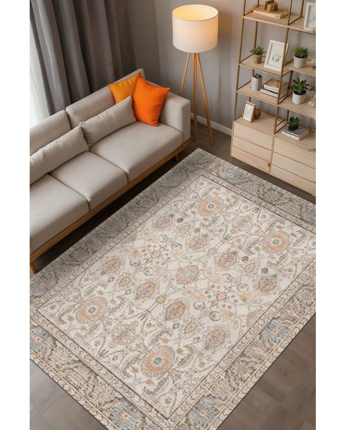Tasle Vintage Desenli Pamuk Tabanlı Yıkanabilen Kaydırmaz Antibakteriyel Şönil Salon Halısı