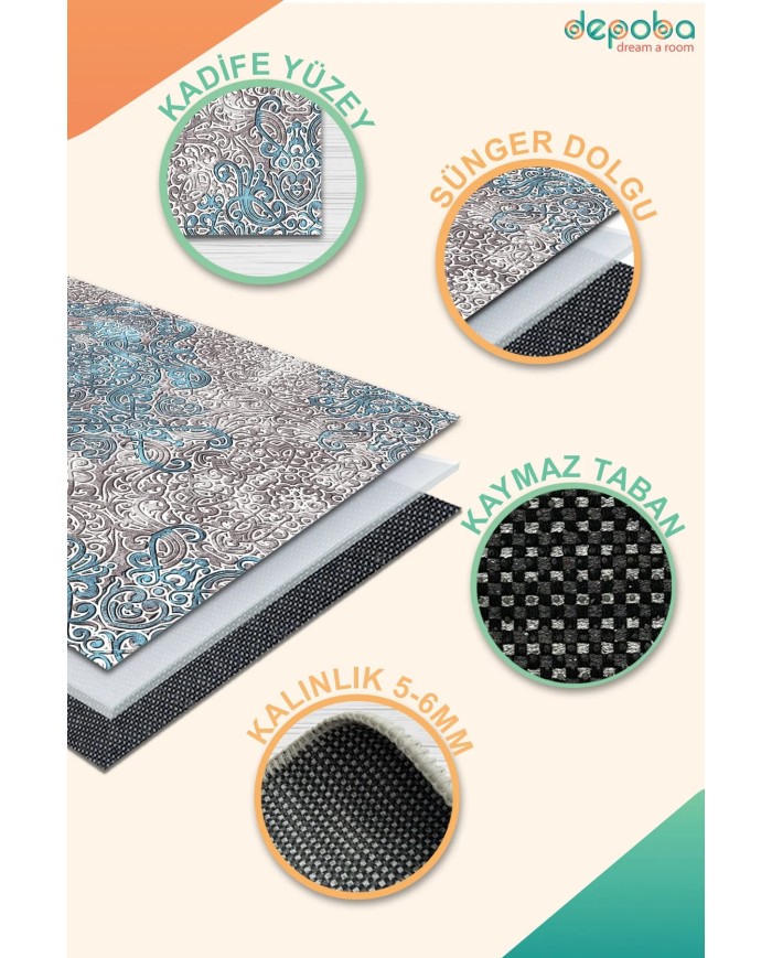 Mesty Kadife Yıkanabilir Kaymaz Pamuk Tabanlı Antibakteriyel Salon Halısı