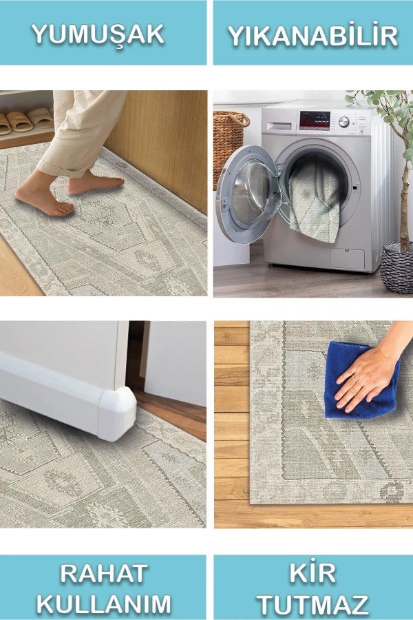 Saphir Vintage Desenli Pamuk Tabanlı Yıkanabilen Kaydırmaz Antibakteriyel Şönil Salon Halısı