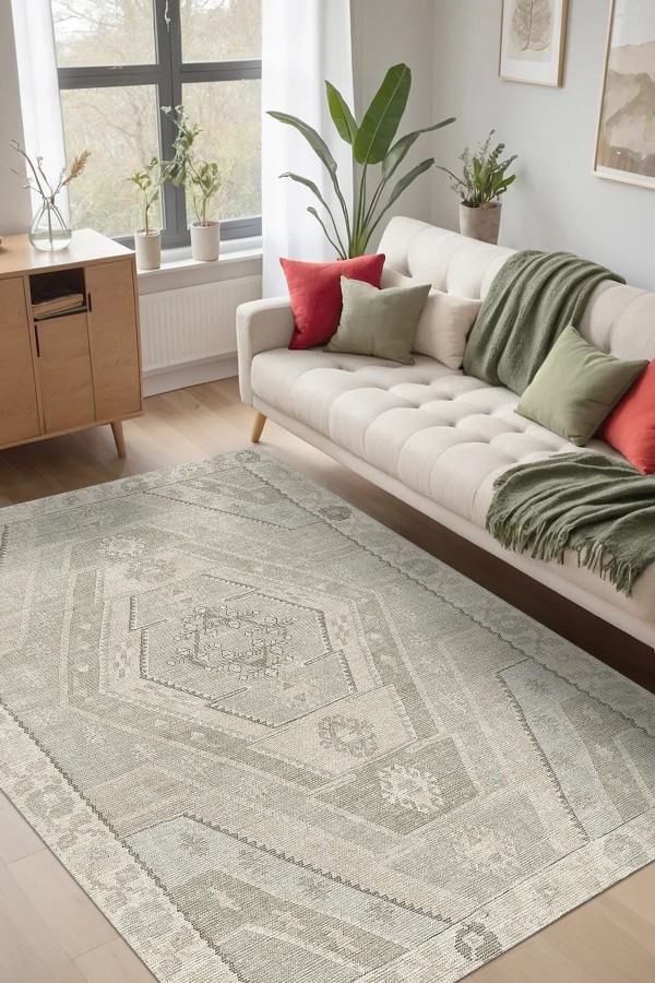 Saphir Vintage Desenli Pamuk Tabanlı Yıkanabilen Kaydırmaz Antibakteriyel Şönil Salon Halısı
