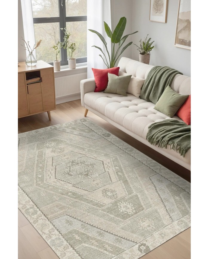 Saphir Vintage Desenli Pamuk Tabanlı Yıkanabilen Kaydırmaz Antibakteriyel Şönil Salon Halısı