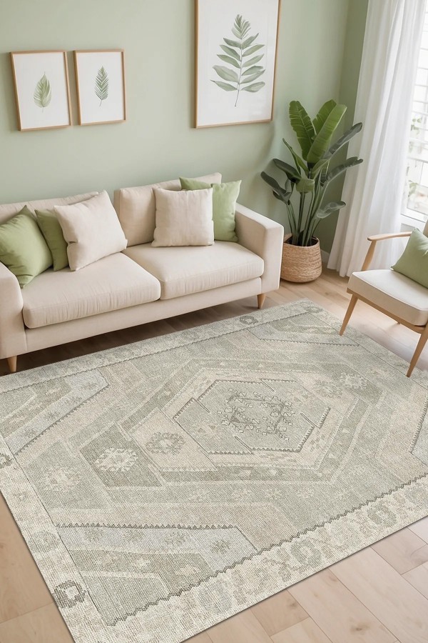 Saphir Vintage Desenli Pamuk Tabanlı Yıkanabilen Kaydırmaz Antibakteriyel Şönil Salon Halısı