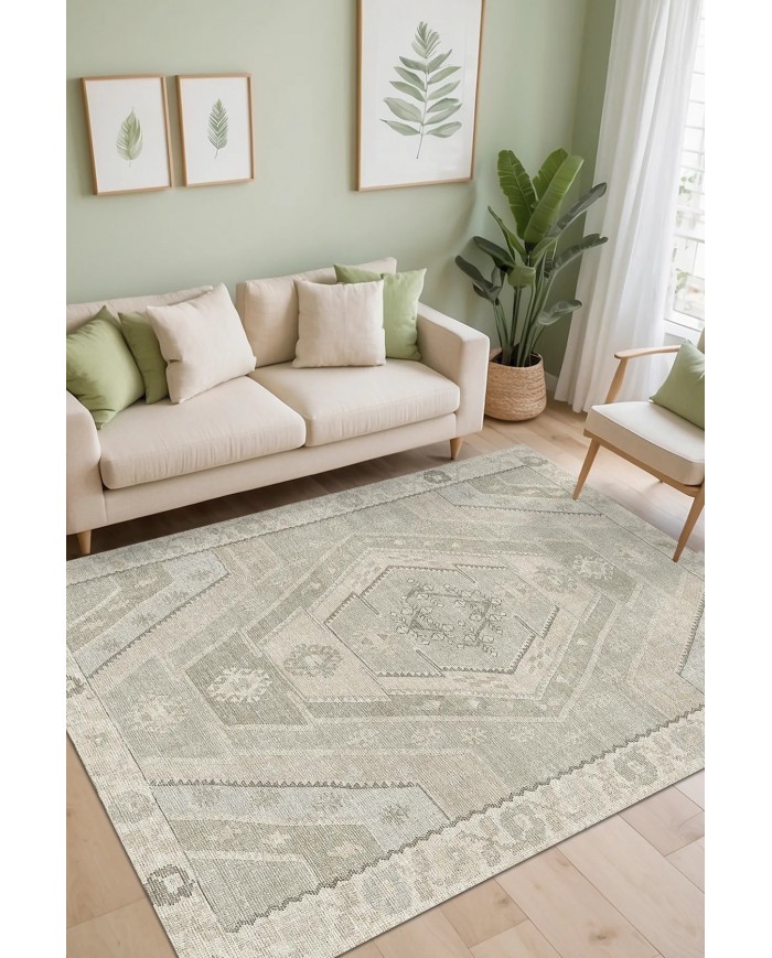 Saphir Vintage Desenli Pamuk Tabanlı Yıkanabilen Kaydırmaz Antibakteriyel Şönil Salon Halısı