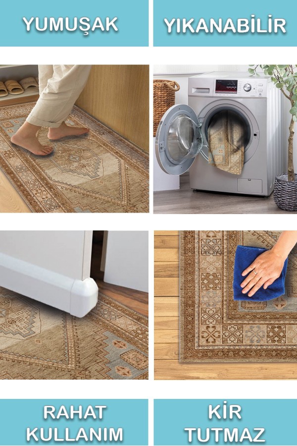 Lukes Vintage Desenli Pamuk Tabanlı Yıkanabilen Kaydırmaz Antibakteriyel Şönil Salon Halısı